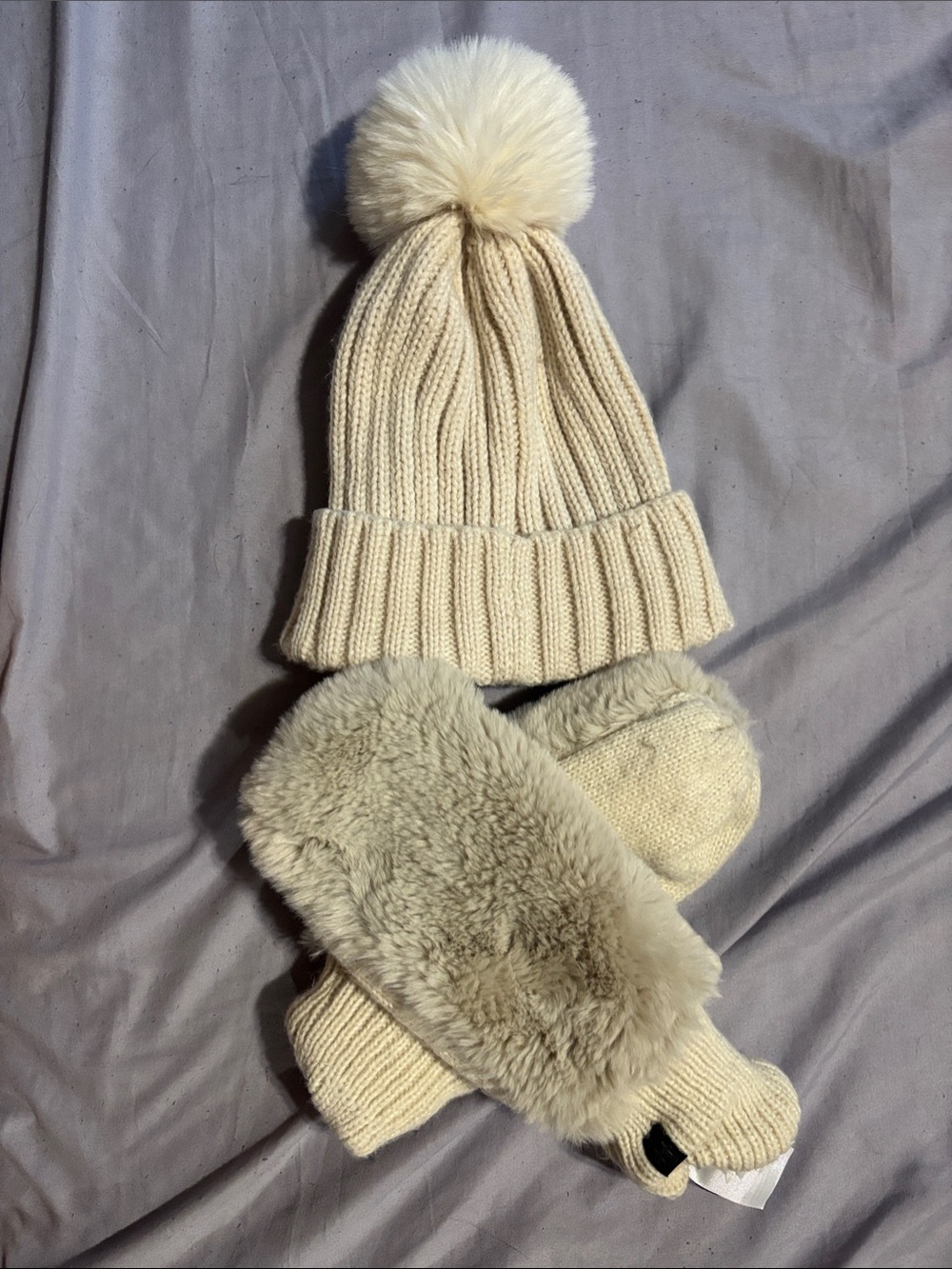 Cream Pom Pom Beanie and Faux-Fur Mittens Set